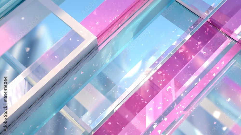 Poster dynamic glitch-stream wall, vibrant ribbons in bold cyan and rose, animated geometric overlays creat