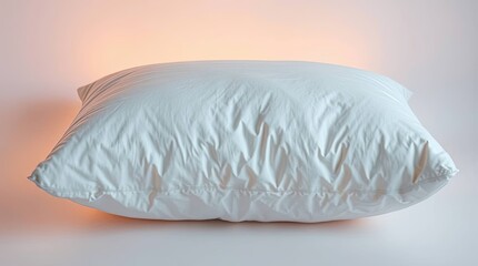 A simple white pillow resting on a light surface with a soft orange glow in the background area