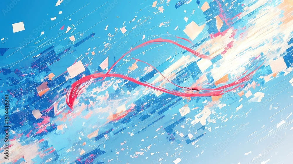 Poster glitch stream wall, an immersive display of dynamic ribbons with animated geometric overlays in vibr