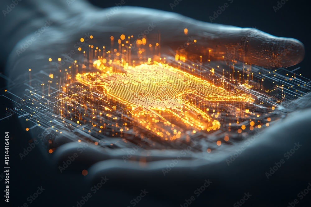 Aufkleber business data unity concept. A digital representation of a hand holding glowing circuitry and data points.