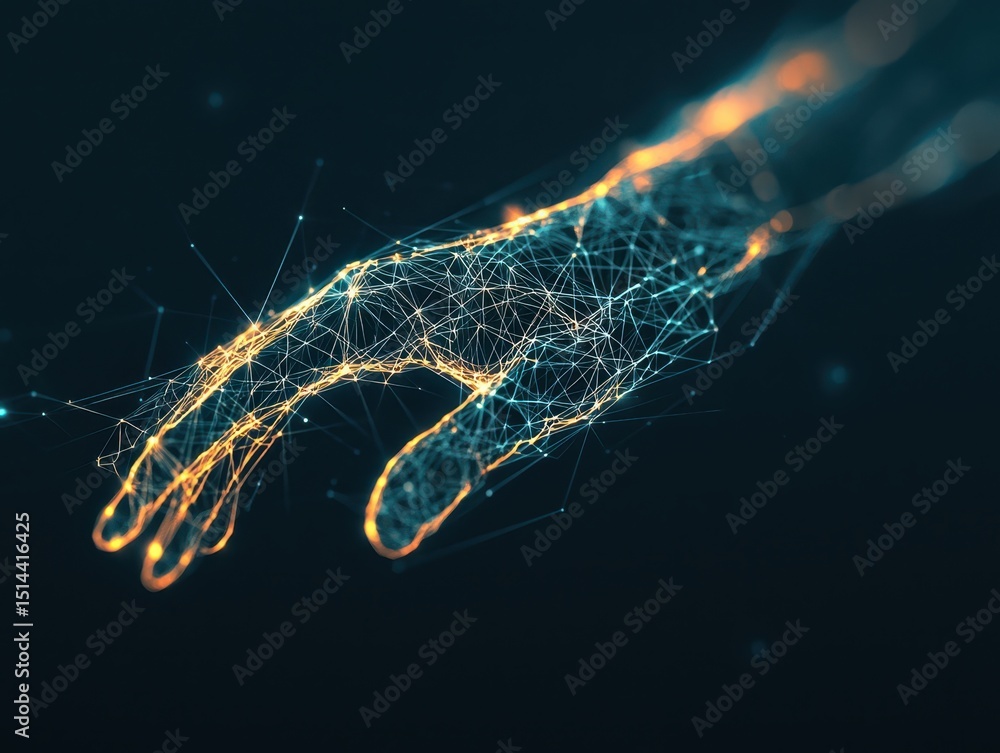 Poster business data unity concept. Digital representation of a hand with interconnected lines and glowing elements.
