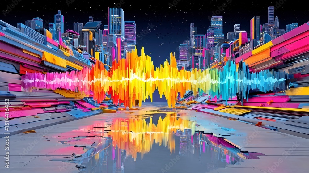 Poster neon waveform odyssey, an animated display of vibrant waveforms pulsating through a surreal tunnel o