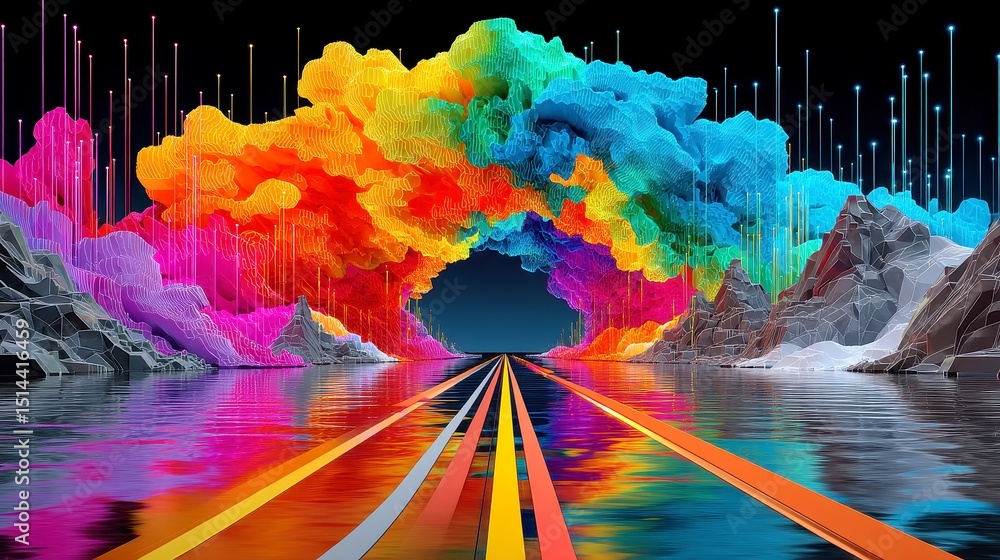 Aufkleber neon glitch waveform in chromatic tunnel, an animated display of vibrant oscillations through a surr
