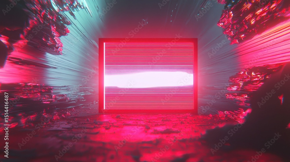 Poster neon glitch waveform, an animated display of vibrant oscillations traversing a virtual tunnel filled