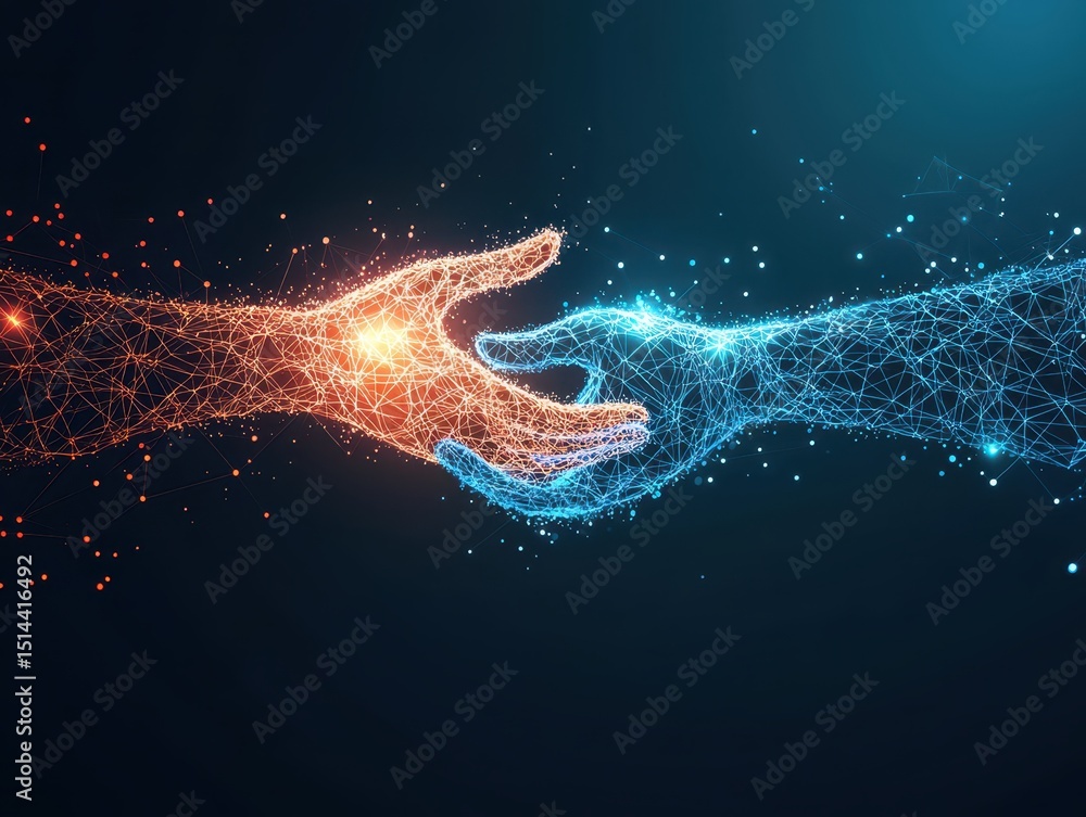 Poster business data unity concept. Digital hands reaching out, symbolizing connection and technology.