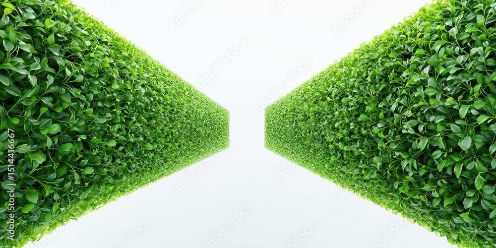 Poster business data unity concept. lush green hedges create a symmetrical pathway, evoking tranquility and