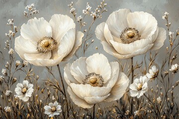 A painted floral display of three creamy white blossoms.