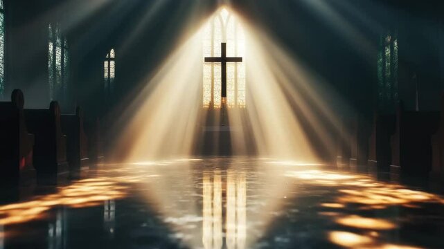 Church interior cross sunlight stained glass window pew reflection religious spiritual worship sacred beams shining through stained glass window illuminating wooden cross peaceful church interior