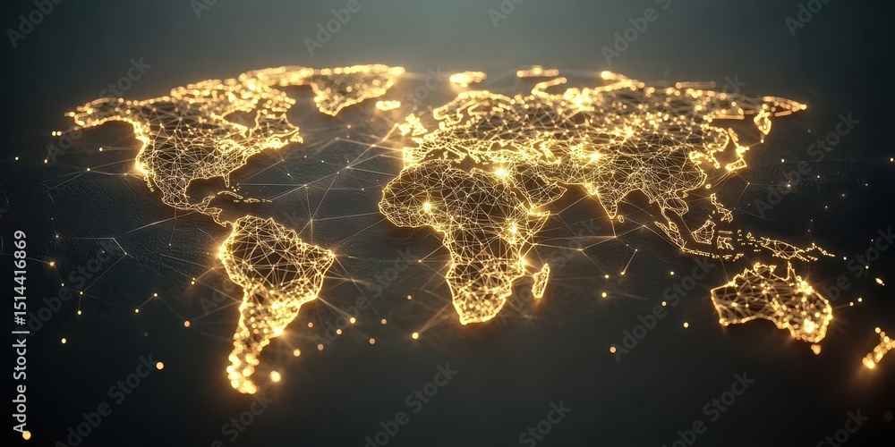 Poster business data unity concept. Illuminated world map with interconnected lines representing global networks.