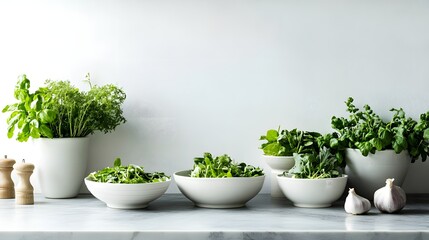 Fototapeta premium Fresh Herbs and Vegetables in White Ceramic Bowls for Healthy Cooking