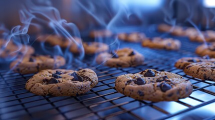 Freshly baked chocolate chip cookies cooling on a wire rack with steam rising from the treats