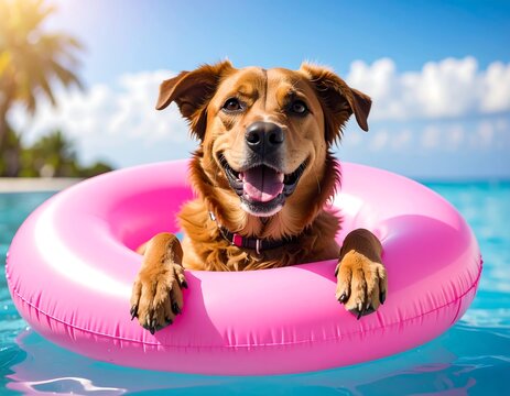 Happy dog on a pink float in a pool