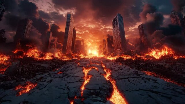 Apocalypse city fire disaster with burning skyscraper, cracked ground and smoke in urban destruction under fiery sky creating intense chaos and dramatic atmosphere