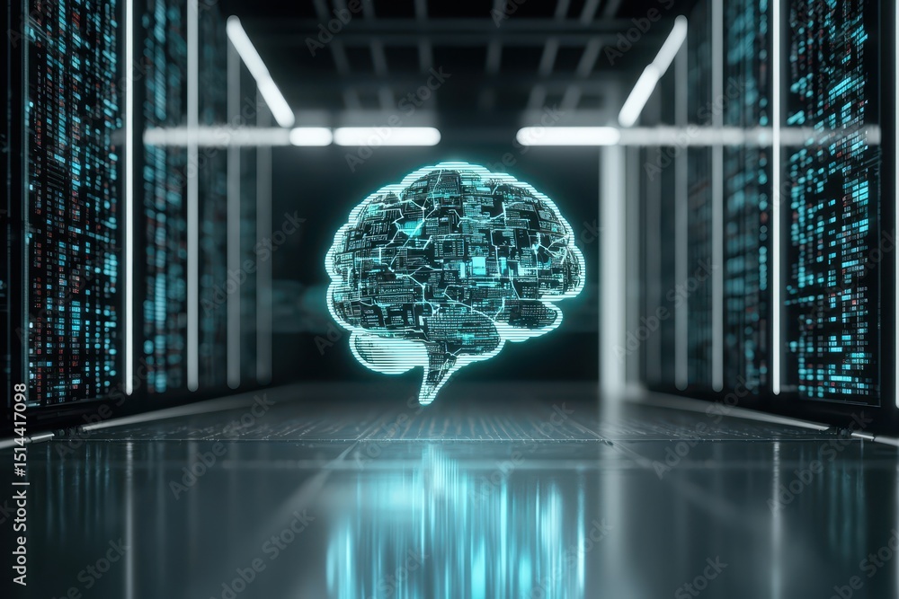 Poster business data unity concept. Digital brain representation in a futuristic data center environment.