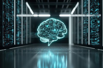 business data unity concept. Digital brain representation in a futuristic data center environment.
