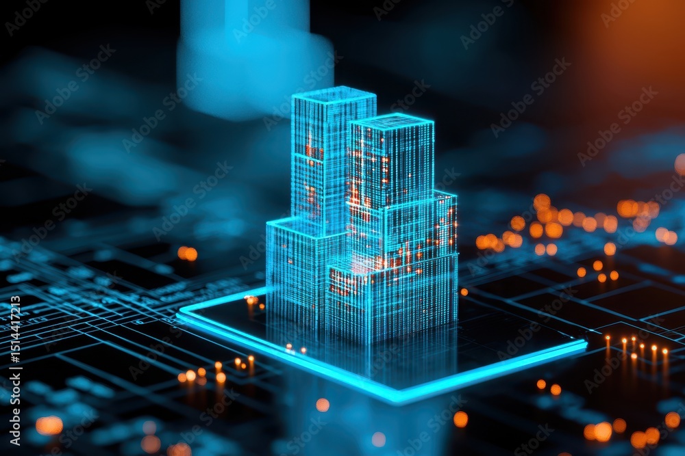 Poster business data unity concept. Futuristic city skyline with holographic buildings on a digital network grid.
