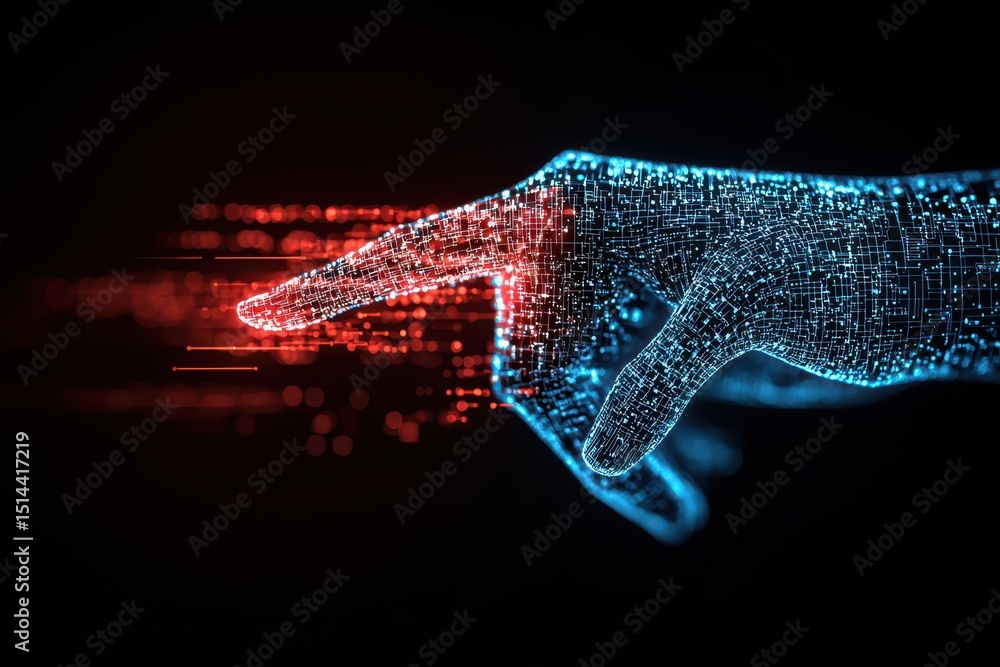 Poster business data unity concept. Futuristic hand made of digital elements pointing towards light trails.