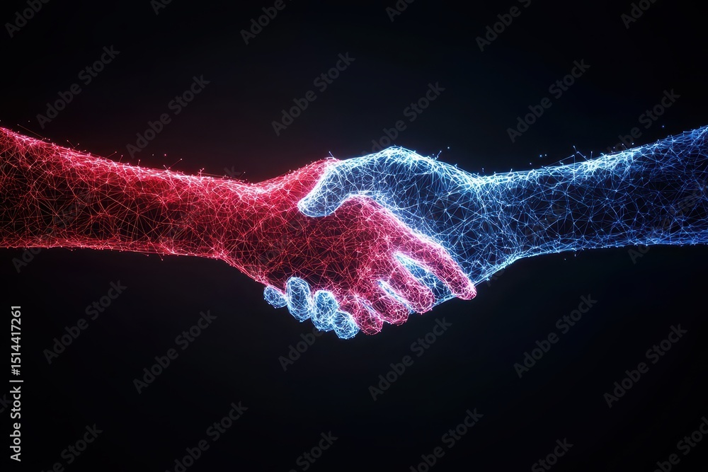 Poster business data unity concept. Digital handshake symbolizing connection and collaboration through technology.