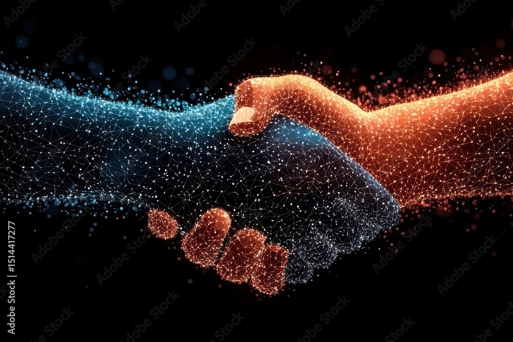 Aufkleber business data unity concept. Digital handshake symbolizing collaboration and connection in a networked world.