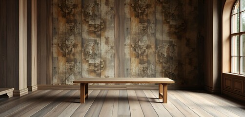 An empty rustic wooden room with a simple wooden table bathed in soft, natural window light.