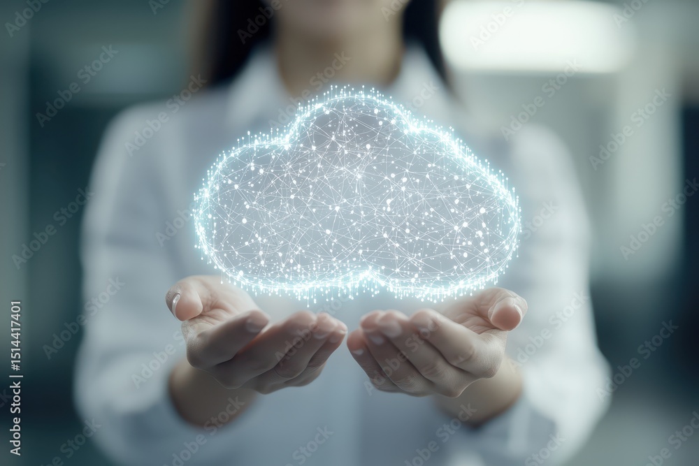 Poster business data unity concept. Futuristic concept of cloud technology held in hands, symbolizing digital innovation.