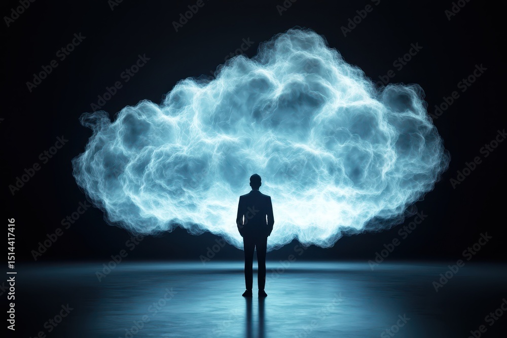 Aufkleber business data unity concept. Mysterious figure stands before a glowing cloud of light in a dark space.