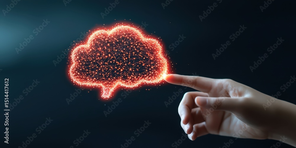 Poster business data unity concept. A hand reaching out to a glowing, digital brain symbolizing connection and ideas.