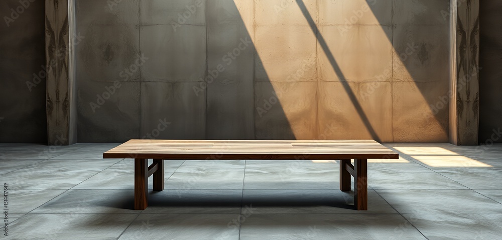 Poster sunlight streams into a room, illuminating a wooden table casting a long shadow on a tiled floor.