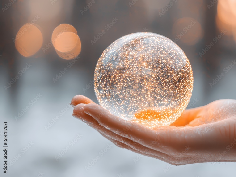 Aufkleber business data unity concept. A hand holds a sparkling snow globe, reflecting warm bokeh lights in a winter setting.
