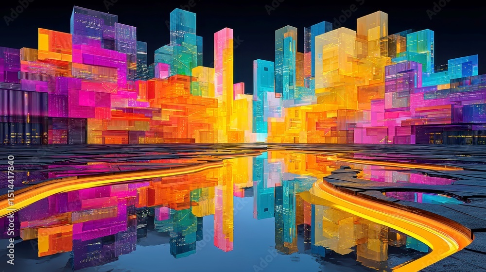 Poster neon data stream, a vibrant cascade of flowing data in liquid neon, bold outlines intertwine with sy