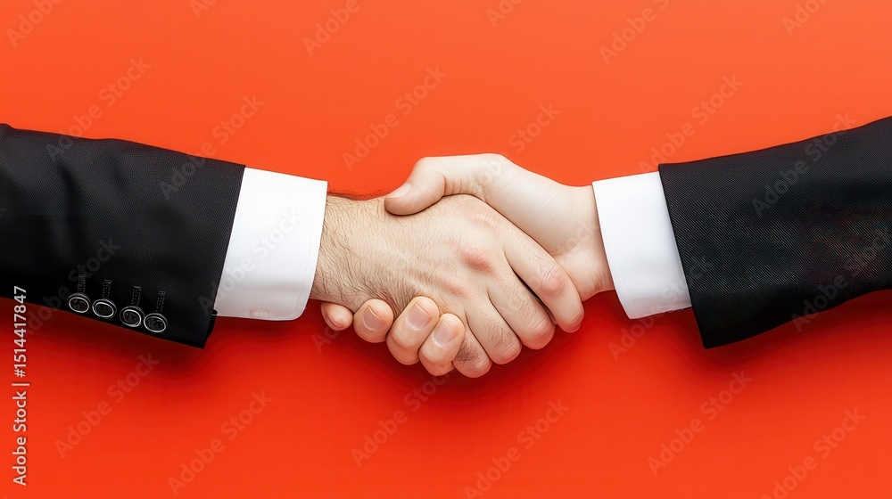 Poster business data unity concept. Handshake between two individuals on a bold red background.