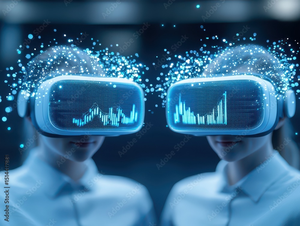 Poster business data unity concept. Two individuals wearing futuristic VR headsets with data visualizations and sparkles around them.