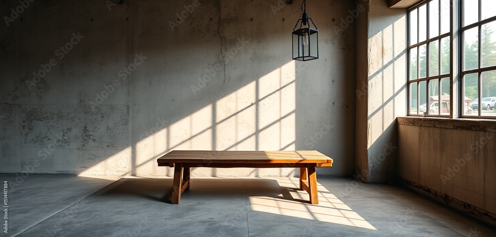 Poster sunlight streams through the window, illuminating a wooden table in a spacious, empty room.