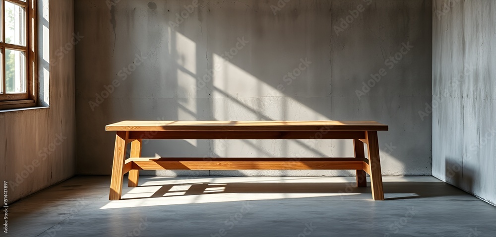 Poster sunlight streams through a window illuminating a table in an empty, minimalist, concrete room