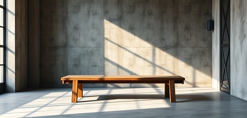 Sunlight streams across the room, illuminating a minimalist wooden table against a concrete wall.