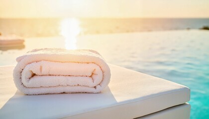 Rolled towel placed by the poolside during sunset at a resort  