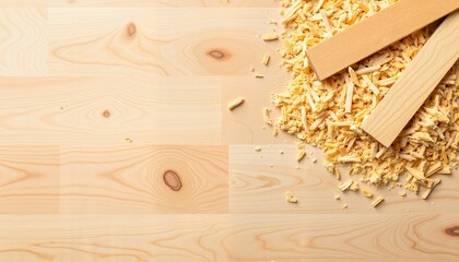 Wooden planks and shavings on light wooden surface