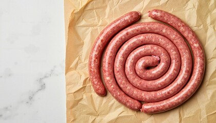 Spiral of raw sausage placed on brown parchment paper
