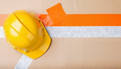 Hard hat on cardboard box with colorful tape in industrial setting  