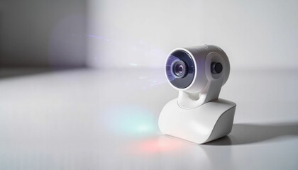 Modern white projector displaying light against neutral background  