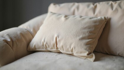 Cozy beige pillow resting on soft sofa in minimalistic living room  