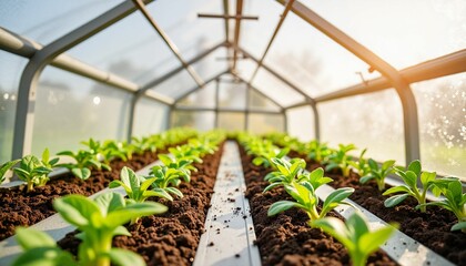 Young green plants growing in a greenhouse during sunny weather  