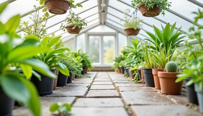 Greenhouse interior with potted plants arranged along the pathway  