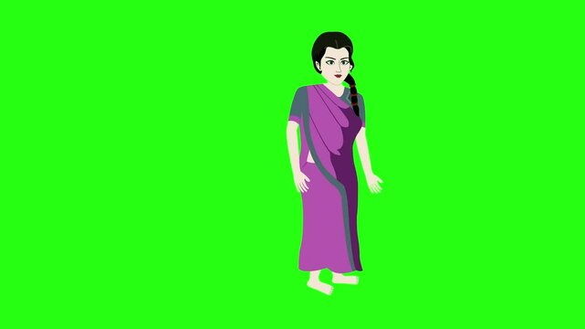 Women character walking 2d cartoon animation video and green screen background