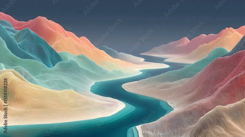 Aufkleber glowing geometric river, a flowing stream of vibrant digital code in icy blues and pinks, set agains