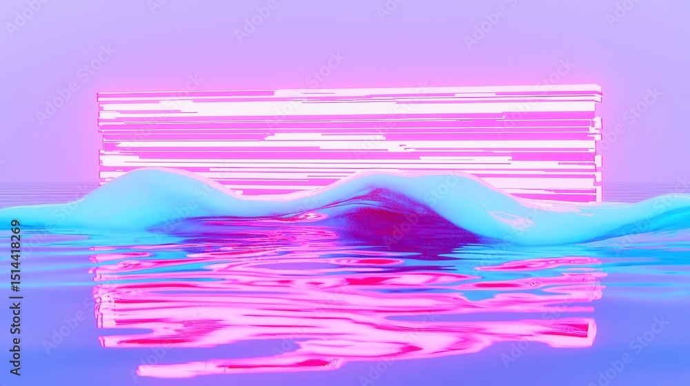Poster glowing digital river, a flowing stream of geometric code in icy blues and pinks, set against a dark
