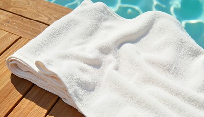Soft white towel neatly placed on wooden deck by swimming pool  