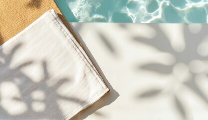 Soft towels placed by the swimming pool with water reflections