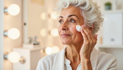 Elderly woman applying skincare product in bright vanity room