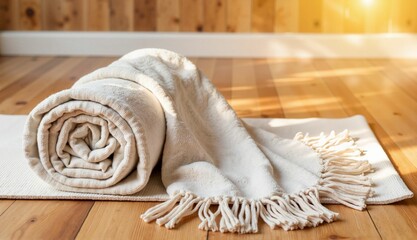 Soft rolled blanket on wooden floor with warm sunlight background  